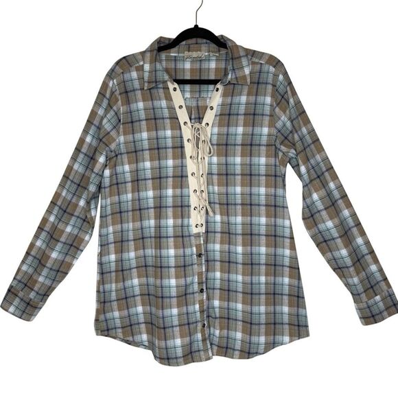 Gimmicks by BKE Blue and Tan Plaid Flannel Lace Up Long Sleeve Shirt Size L - Picture 2 of 14